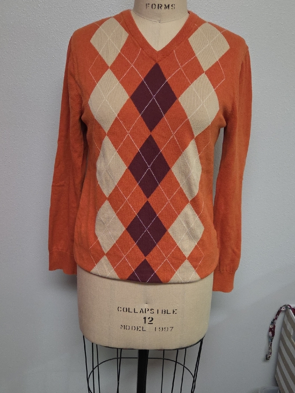 Old Navy Orange Argyle V-Neck Sweater with Cream & Burgundy Diamonds